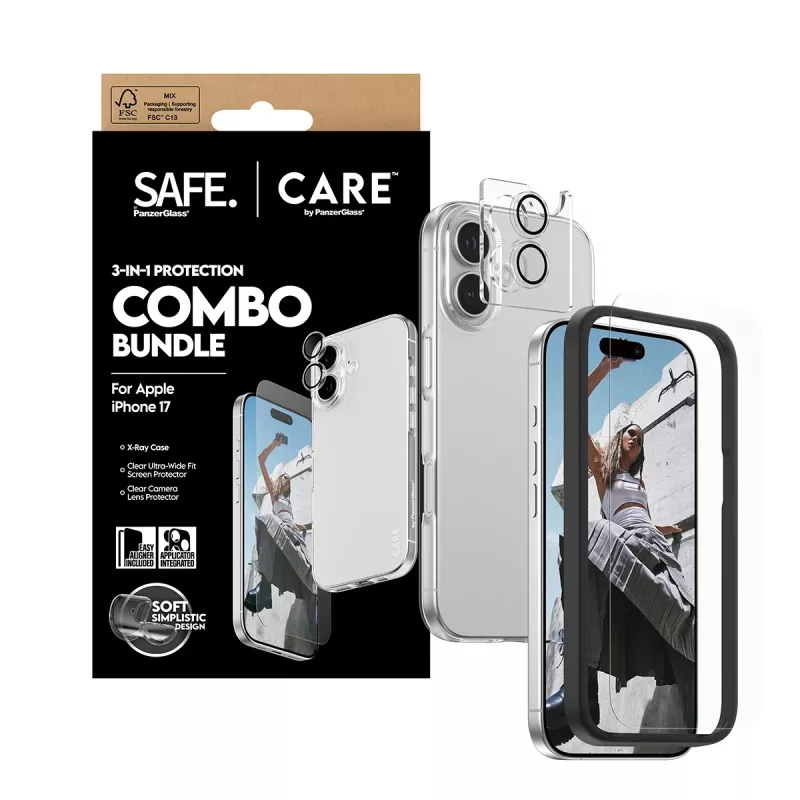 PanzerGlass 3-in-1 Combo Bundle iPhone 17 — ekrāna aizsargs, kameras lēcu aizsargs un maciņš