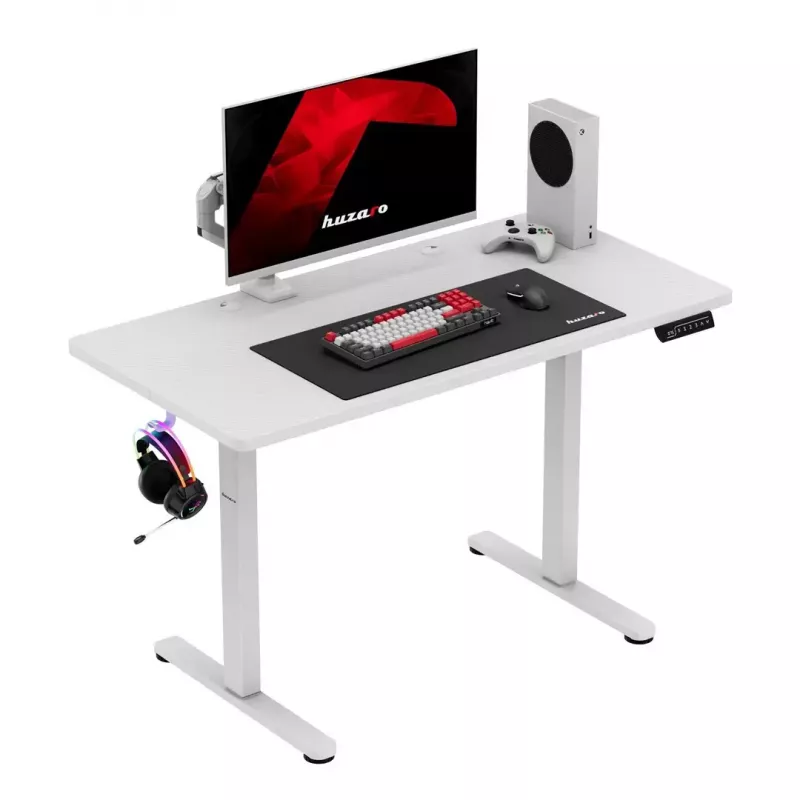 Gaming galds huzaro Hero 8.1 — balts elektriski regulējams augstums 120×60 cm, 720–1180 mm, 50 kg, kabeļu pārvaldība