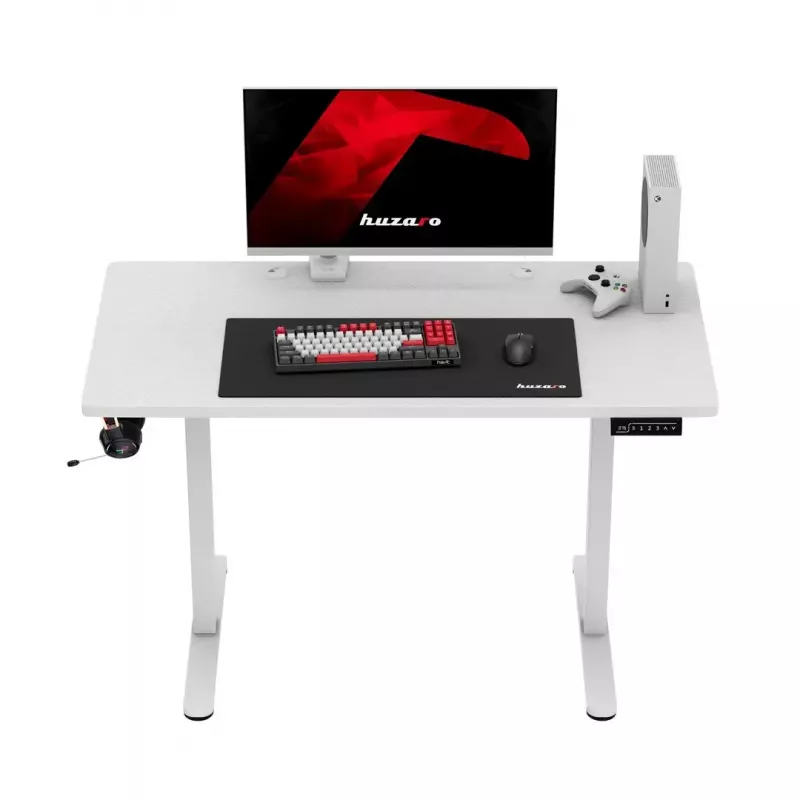 Gaming galds huzaro Hero 8.1 — balts elektriski regulējams augstums 120×60 cm, 720–1180 mm, 50 kg, kabeļu pārvaldība