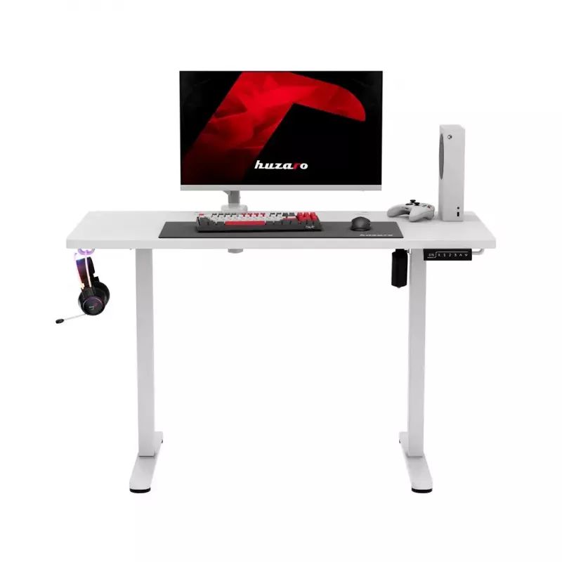 Gaming galds huzaro Hero 8.1 — balts elektriski regulējams augstums 120×60 cm, 720–1180 mm, 50 kg, kabeļu pārvaldība