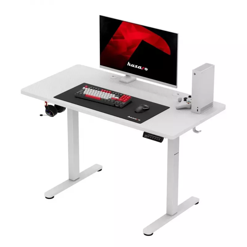 Gaming galds huzaro Hero 8.1 — balts elektriski regulējams augstums 120×60 cm, 720–1180 mm, 50 kg, kabeļu pārvaldība
