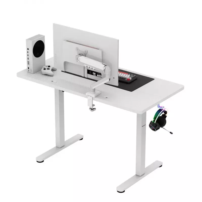 Gaming galds huzaro Hero 8.1 — balts elektriski regulējams augstums 120×60 cm, 720–1180 mm, 50 kg, kabeļu pārvaldība
