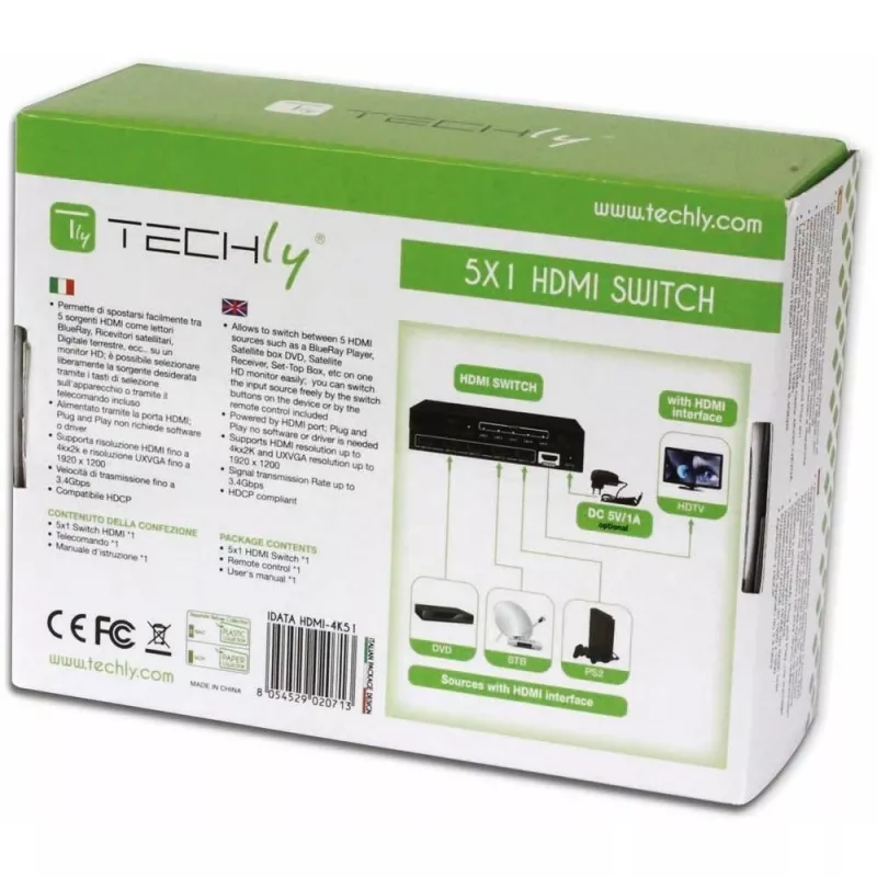 Techly HDMI slēdzis 5 IN 1 OUT ar tālvadības pulti, 4Kx2K, 3D IDATA HDMI-4K51