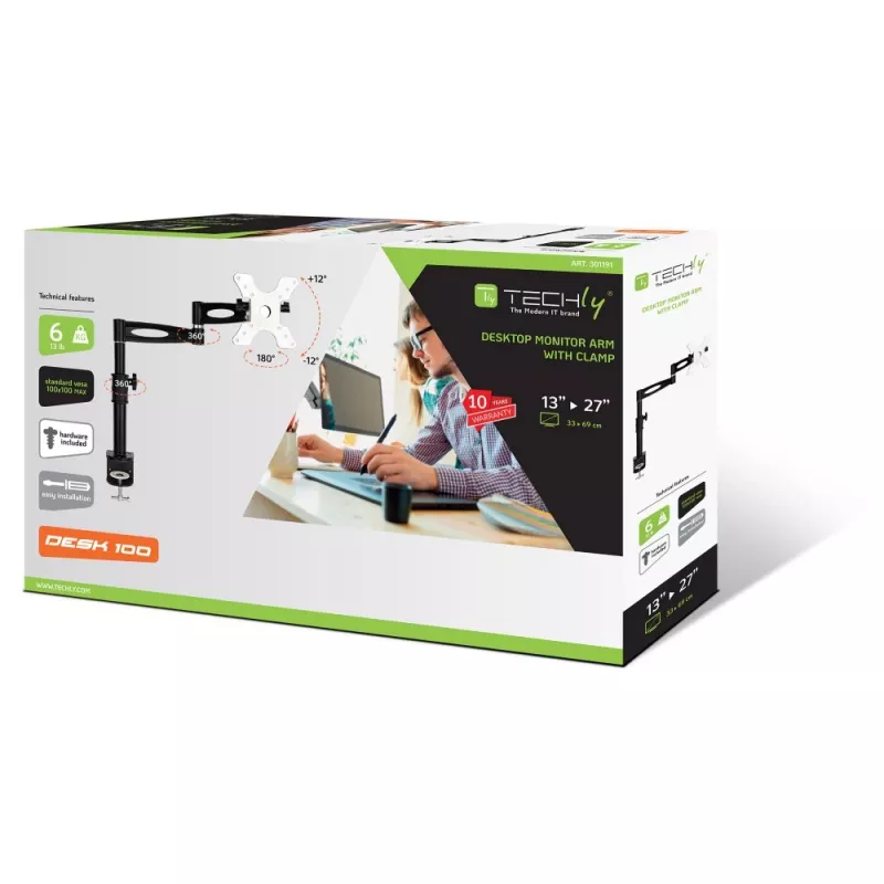 Techly ICA-LCD 502BK Galda statīvs monitoram ar garu roku, 13-27 collas, melns