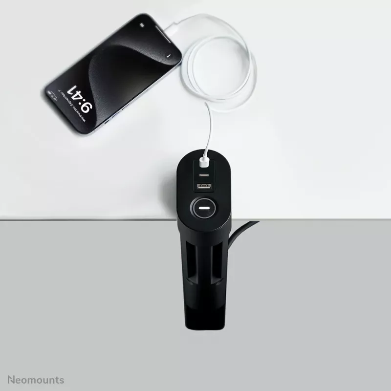 Neomounts DS22-840BL6 VOLT galda kontaktligzda ar skavu un USB-C / USB-A portiem - ātrā uzlāde