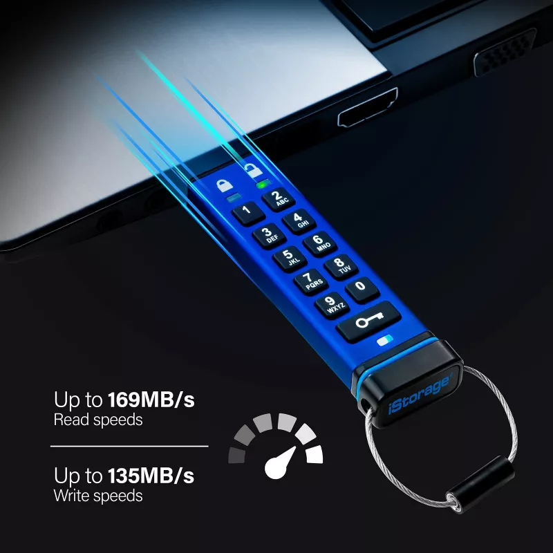 iStorage datAshur PRO 64 GB | Drošs zibatmiņas disks | FIPS 140-2 Level 3 sertificēts | NLNCSA DEP-V sertificēts | NATO Restricted sertificēts | AES-XTS 256 bitu aparatūras šifrēšana | PIN aizsardzība | Putekļu/ūdens izturīgs