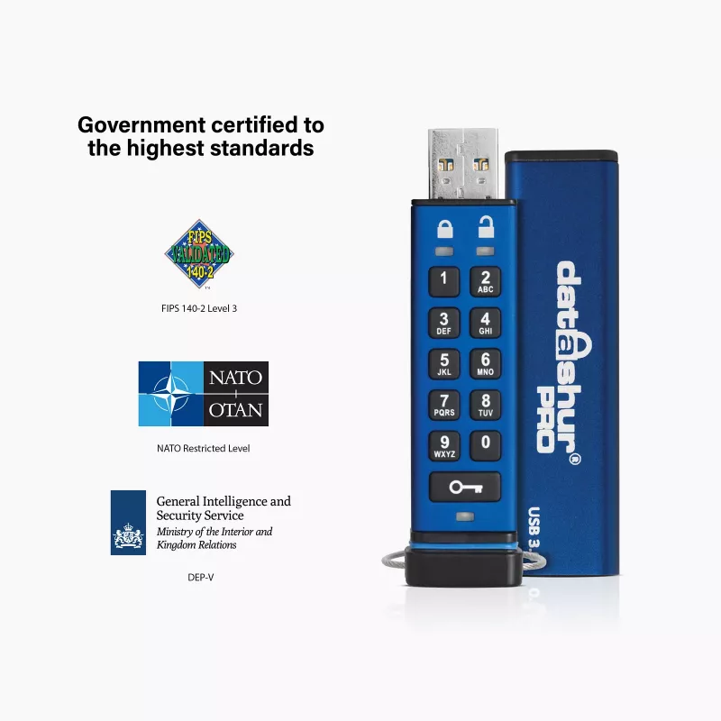 iStorage datAshur PRO 64 GB | Drošs zibatmiņas disks | FIPS 140-2 Level 3 sertificēts | NLNCSA DEP-V sertificēts | NATO Restricted sertificēts | AES-XTS 256 bitu aparatūras šifrēšana | PIN aizsardzība | Putekļu/ūdens izturīgs