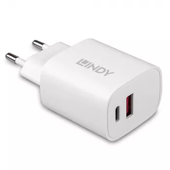 Lādētājs iekštelpām Lindy 73413 — universāls AC 100–240V, izeja 12V 3A, USB-A + USB-C, balts