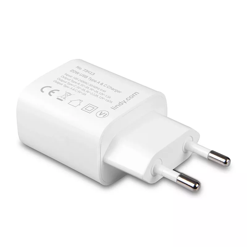 Lādētājs iekštelpām Lindy 73413 — universāls AC 100–240V, izeja 12V 3A, USB-A + USB-C, balts