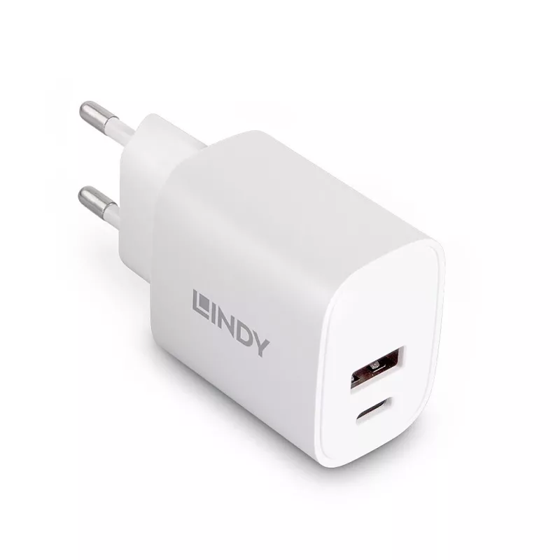 Lādētājs iekštelpām Lindy 73413 — universāls AC 100–240V, izeja 12V 3A, USB-A + USB-C, balts