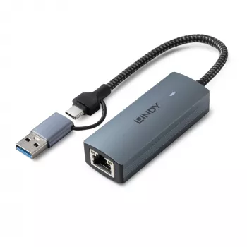 Lindy USB 3.2 Gen 1 uz 5G Ethernet Pārveidotājs, USB 3.2 Gen 2 (3.1 Gen 2) Type-C, 5000 Mbit/s, Pelēks, Alumīnijs, Plastmasa, Apaļš kabelis, 0.15 m