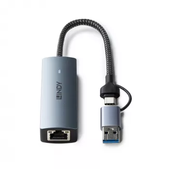Lindy USB 3.2 Gen 1 uz 5G Ethernet Pārveidotājs, USB 3.2 Gen 2 (3.1 Gen 2) Type-C, 5000 Mbit/s, Pelēks, Alumīnijs, Plastmasa, Apaļš kabelis, 0.15 m