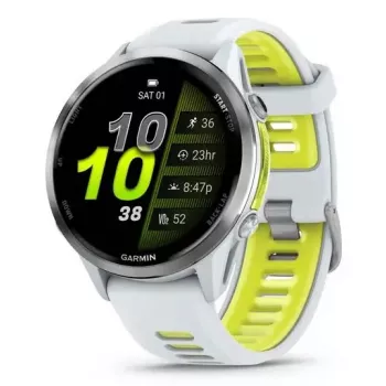 Viedpulkstenis IFIT ICON Forerunner 970 — 1,4 collu (3,56 cm) AMOLED 454×454, GPS, Wi‑Fi, titāna korpuss, silikona siksniņa (Balta/Dzeltena), 56 g