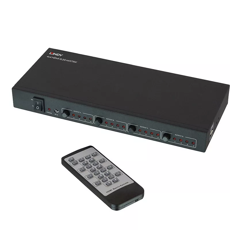 Lindy 4x4 HDMI 4K60 Matrica, HDMI, 4x HDMI, Metāls, 1080p, 2160p, DTS-HD, Dolby TrueHD, 12 V