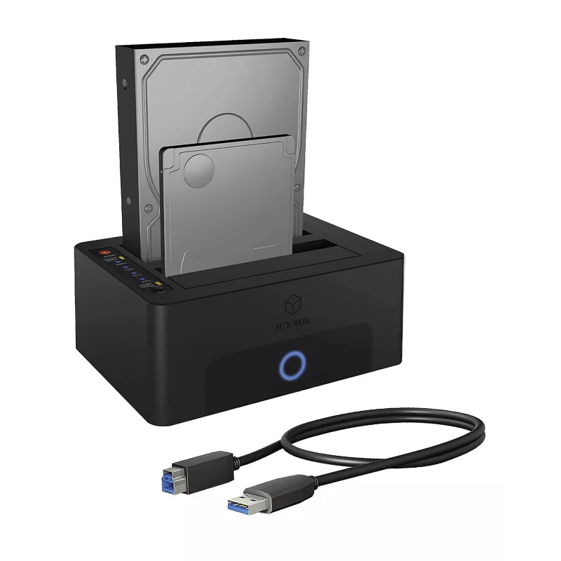 ICY BOX 2-vietu dokstacija un klonēšanas stacija 2.5 vai 3.5 collu SATA diskdziņiem ar USB 3.0 pieslēgumu
