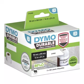 DYMO LabelWriter Industriālās Izturīgās Uzlīmes | 19mm x 64mm | Balts Polipropilēns | 2 Ruļļi pa 450 (900 Pašlīmējošās Uzlīmes) | Oriģinālas | LabelWriter Printeriem