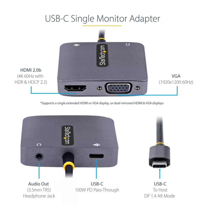 StarTech.com USB-C video adapteris, USB-C uz HDMI VGA daudzportu adapteris, 3,5 mm audio, 4K 60Hz HDR, 100W PD caurlaide, saderīgs ar Thunderbolt 3/4 - USB-C displeja ceļojumu adapteris