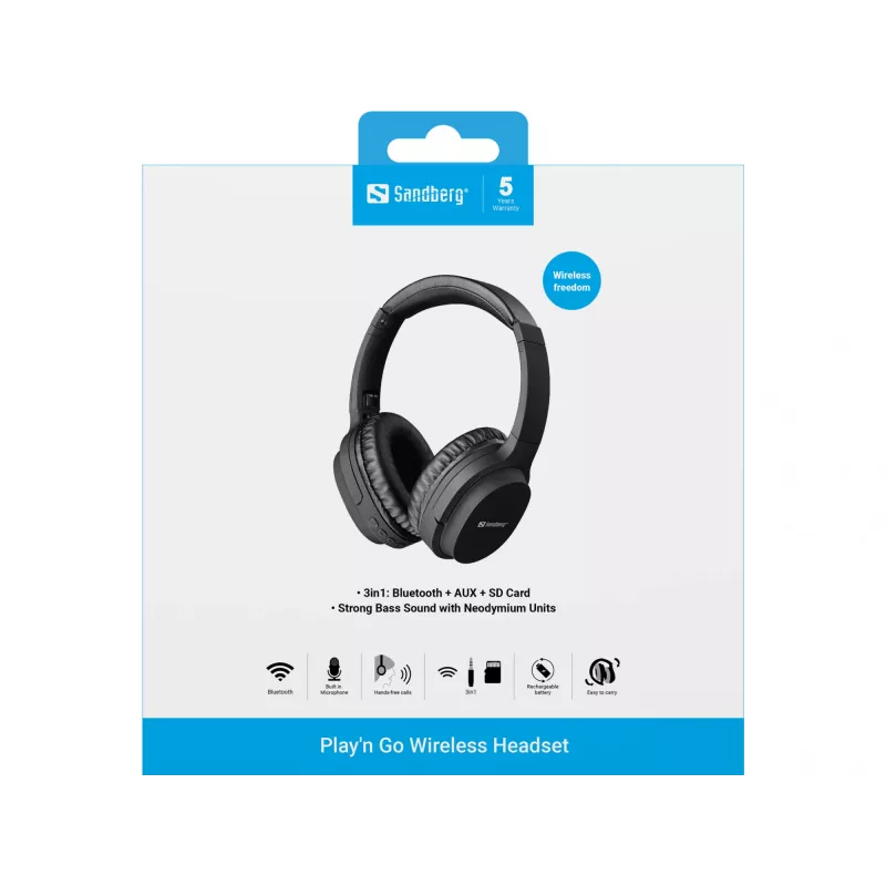 Sandberg 126-37 Play'n Go Bluetooth austiņas ar mikrofonu, salokāmas, vadu un bezvadu, 3,5 mm, 20 Hz - 20 kHz, 230 g, melnas