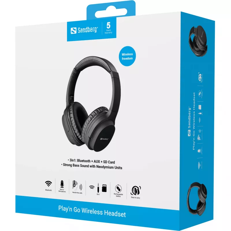 Sandberg 126-37 Play'n Go Bluetooth austiņas ar mikrofonu, salokāmas, vadu un bezvadu, 3,5 mm, 20 Hz - 20 kHz, 230 g, melnas