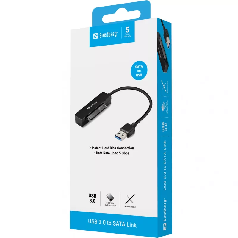 Sandberg USB 3.0 uz SATA savienotājs, Melns, 5 Gbit/s