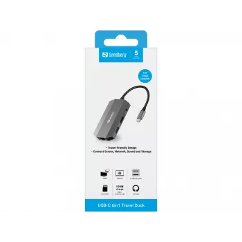 Sandberg USB-C 6in1 Travel Dock — kompakta dokstacija