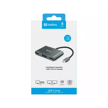 Sandberg USB-C Doks 2xHDMI+1xVGA+USB+PD