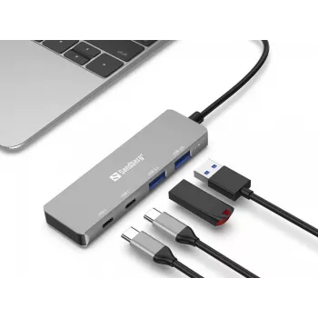 Sandberg USB-C uz 2xUSB-A + 2xUSB-C Hub Pelēks Alumīnijs