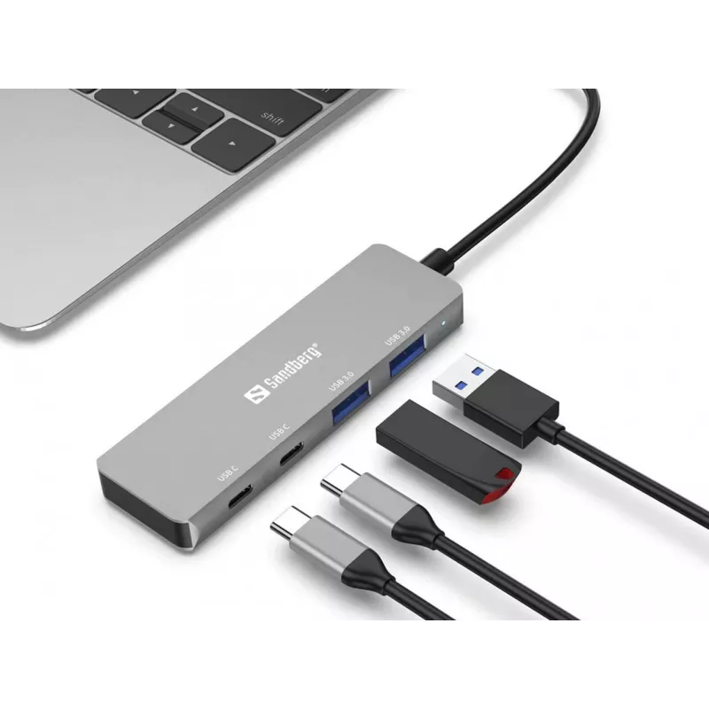 Sandberg USB-C uz 2xUSB-A + 2xUSB-C Hub Pelēks Alumīnijs