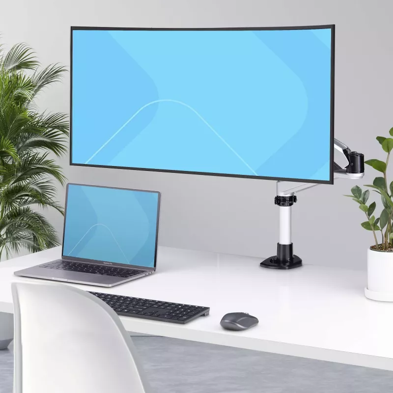 StarTech.com monitora galda stiprinājums 27 inch 16:9 vai 30 inch 21:9 ekrāniem, VESA 75x75/100x100, bezinstrumentu regulēšana, C-skava/caurums, atsperu palīdzība
