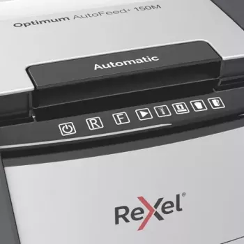 Rexel Optimum AutoFeed+ 150M papīra smalcinātājs, mikrošķērsgriezums, 55 dB, 22 cm, melns, pelēks