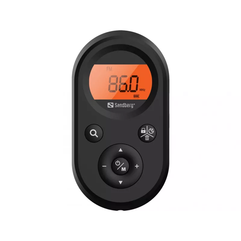 Sandberg 421-02 kabatas radio FM+AM Recharge, FM 76–108 MHz, AM 522–1710 kHz, 500 mAh akumulators, displejs, ar austiņām