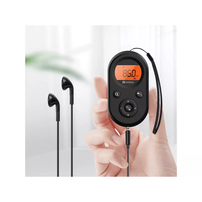 Sandberg 421-02 kabatas radio FM+AM Recharge, FM 76–108 MHz, AM 522–1710 kHz, 500 mAh akumulators, displejs, ar austiņām