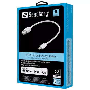 Kabelis Sandberg USB Lightning MFI 0.2m Balts