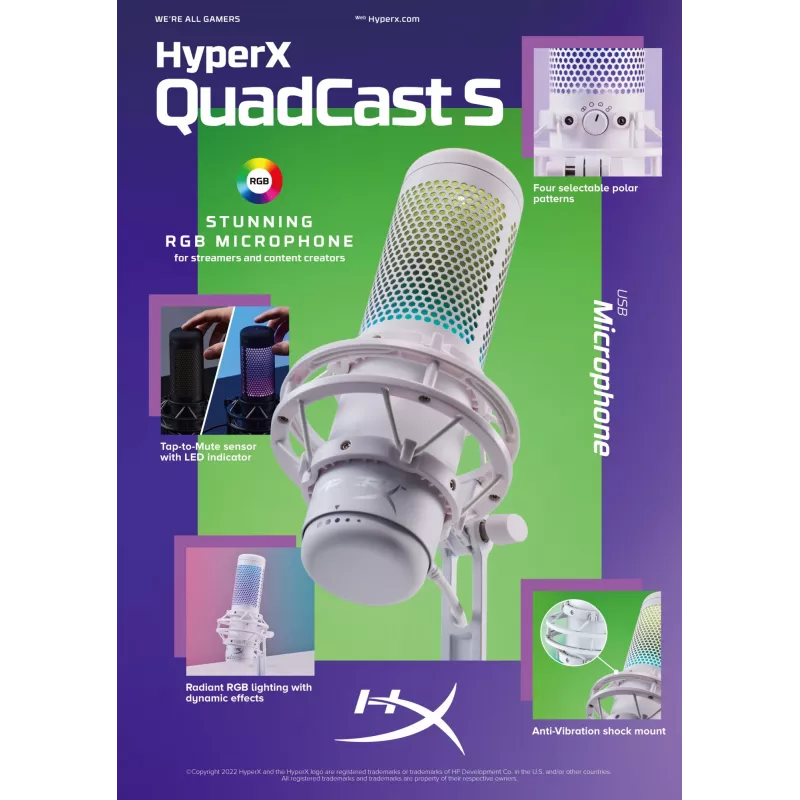 HyperX QuadCast S - USB Mikrofons (Balts-Pelēks) - RGB Apgaismojums