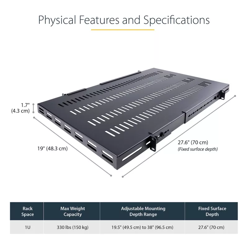 StarTech.com ADJSHELFHDV 1U regulējams ventilējams servera statņa plaukts, pastiprināts, 150 kg, regulējams uzstādīšanas dziļums 49,5–97,4 cm (19,5–38 collas), 19 collu, melns