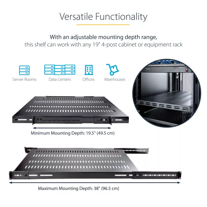 StarTech.com ADJSHELFHDV 1U regulējams ventilējams servera statņa plaukts, pastiprināts, 150 kg, regulējams uzstādīšanas dziļums 49,5–97,4 cm (19,5–38 collas), 19 collu, melns