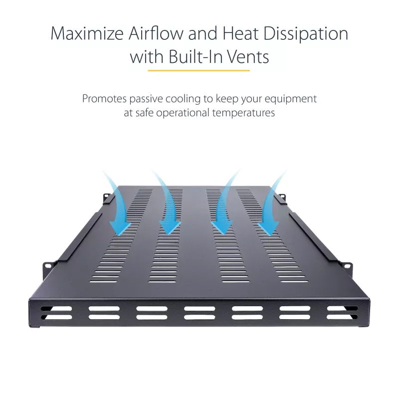 StarTech.com ADJSHELFHDV 1U regulējams ventilējams servera statņa plaukts, pastiprināts, 150 kg, regulējams uzstādīšanas dziļums 49,5–97,4 cm (19,5–38 collas), 19 collu, melns