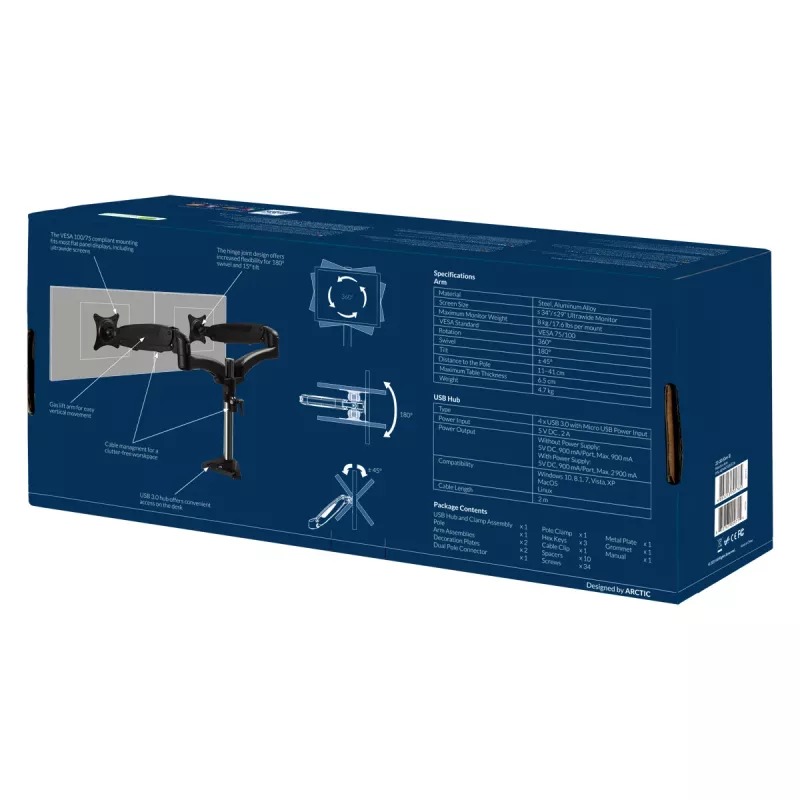 ARCTIC Z2-3D Gen 3 divu monitoru roka ar gāzes atsperi, skava, 8 kg, 73,7 cm (29 collas), 86,4 cm (34 collas), 100 x 100 mm, Melna
