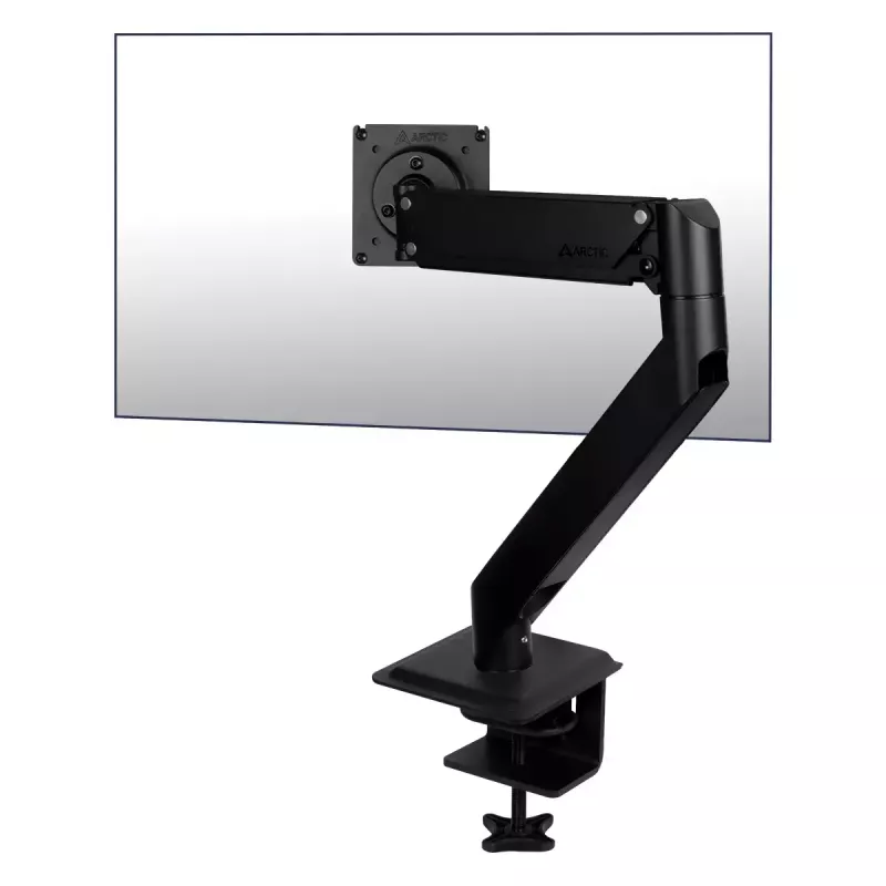 Galda stiprinājums monitora roka ARCTIC X1-3D ar gāzes atsperi — atbalsta līdz 43 collām / 10 kg, VESA 75x75–100x100, melns