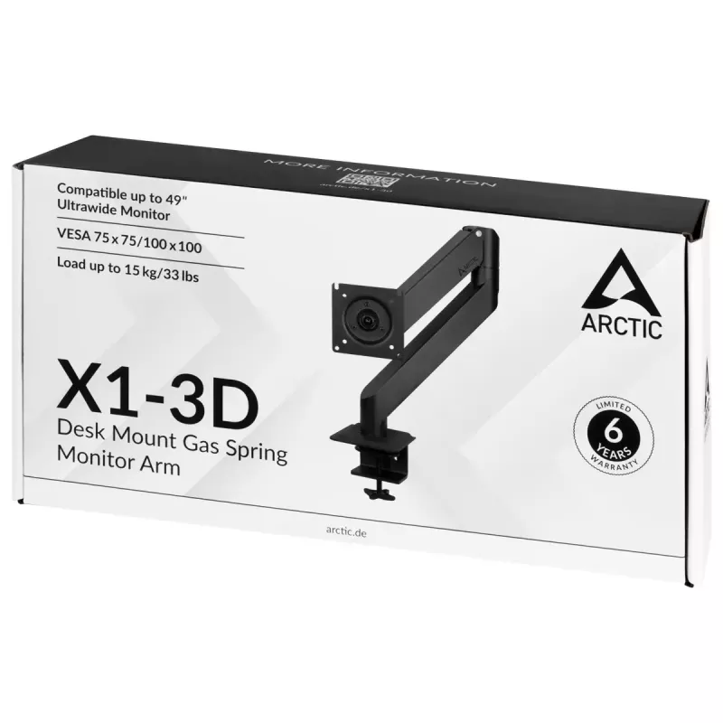 Galda stiprinājums monitora roka ARCTIC X1-3D ar gāzes atsperi — atbalsta līdz 43 collām / 10 kg, VESA 75x75–100x100, melns