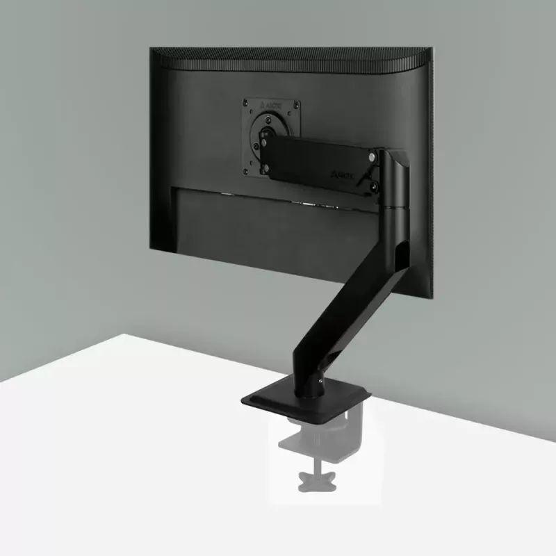 Galda stiprinājums monitora roka ARCTIC X1-3D ar gāzes atsperi — atbalsta līdz 43 collām / 10 kg, VESA 75x75–100x100, melns