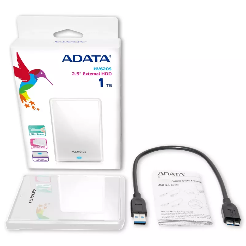 ADATA AHV620S-1TU3-CWH ārējais cietais disks 1 TB 2,5 collu Micro-USB B 3.2 Gen 1 balts