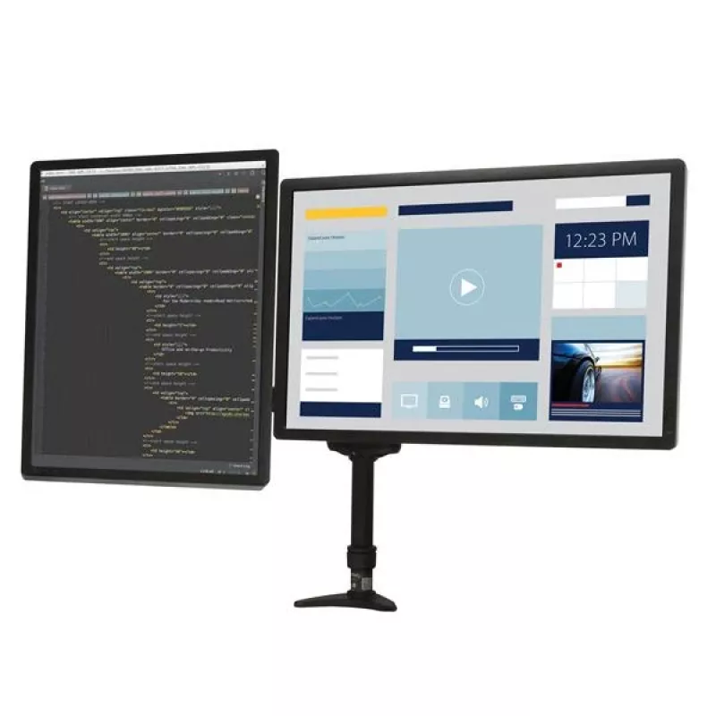 StarTech.com ARMDUAL divu monitoru šarnīru turētājs, galda/caurumā stiprināms, regulējams augstums, kabeļu vadība, 12–24 collas, VESA 75x75/100x100, melns