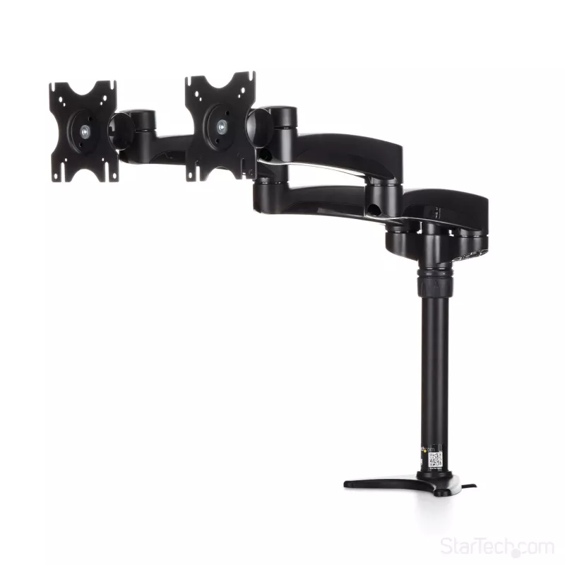 StarTech.com ARMDUAL divu monitoru šarnīru turētājs, galda/caurumā stiprināms, regulējams augstums, kabeļu vadība, 12–24 collas, VESA 75x75/100x100, melns