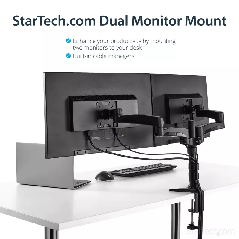 StarTech.com ARMDUAL divu monitoru šarnīru turētājs, galda/caurumā stiprināms, regulējams augstums, kabeļu vadība, 12–24 collas, VESA 75x75/100x100, melns
