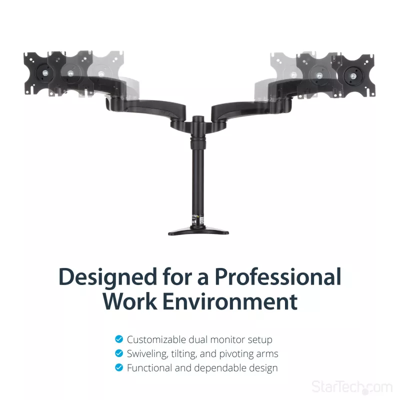 StarTech.com ARMDUAL divu monitoru šarnīru turētājs, galda/caurumā stiprināms, regulējams augstums, kabeļu vadība, 12–24 collas, VESA 75x75/100x100, melns