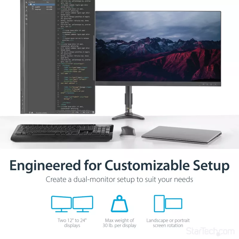 StarTech.com ARMDUAL divu monitoru šarnīru turētājs, galda/caurumā stiprināms, regulējams augstums, kabeļu vadība, 12–24 collas, VESA 75x75/100x100, melns
