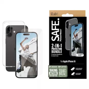 PanzerGlass SAFE. by ® 2-in-1 aizsardzības komplekts iPhone 16, Apple - iPhone 16, sausā uzlikšana, izturīgs pret skrāpējumiem, triecienizturīgs, caurspīdīgs, 1 gab.