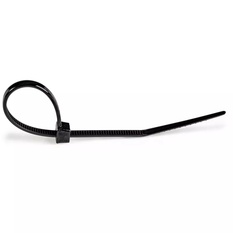 StarTech.com CBMZT6B kabeļu saites, 100 gab. iepakojums, 15 cm (6 collas), 3 mm (1/8 collas) platums, 39 mm saišķa diametrs, 18 kg (40 lb) stiepes izturība, pašbloķējošs neilons 66 ar noliektu galu, 94V-2/UL, melnas, TAA