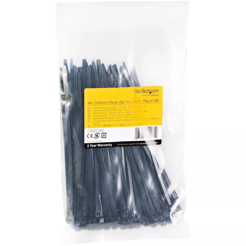 StarTech.com CBMZT6B kabeļu saites, 100 gab. iepakojums, 15 cm (6 collas), 3 mm (1/8 collas) platums, 39 mm saišķa diametrs, 18 kg (40 lb) stiepes izturība, pašbloķējošs neilons 66 ar noliektu galu, 94V-2/UL, melnas, TAA